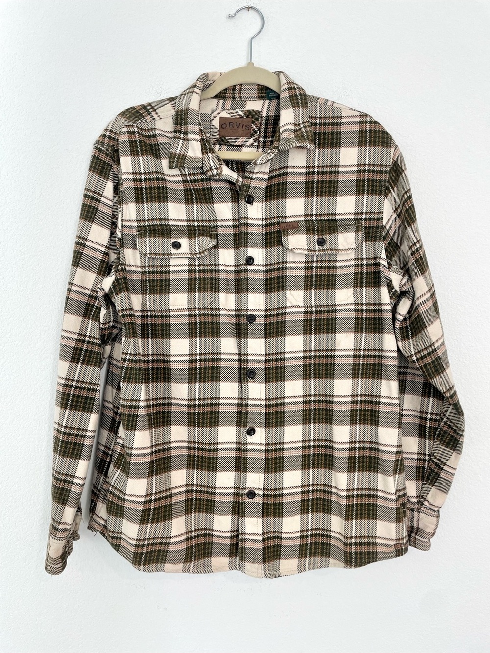 Orvis Cream and Olive Plaid Shirt Jacket